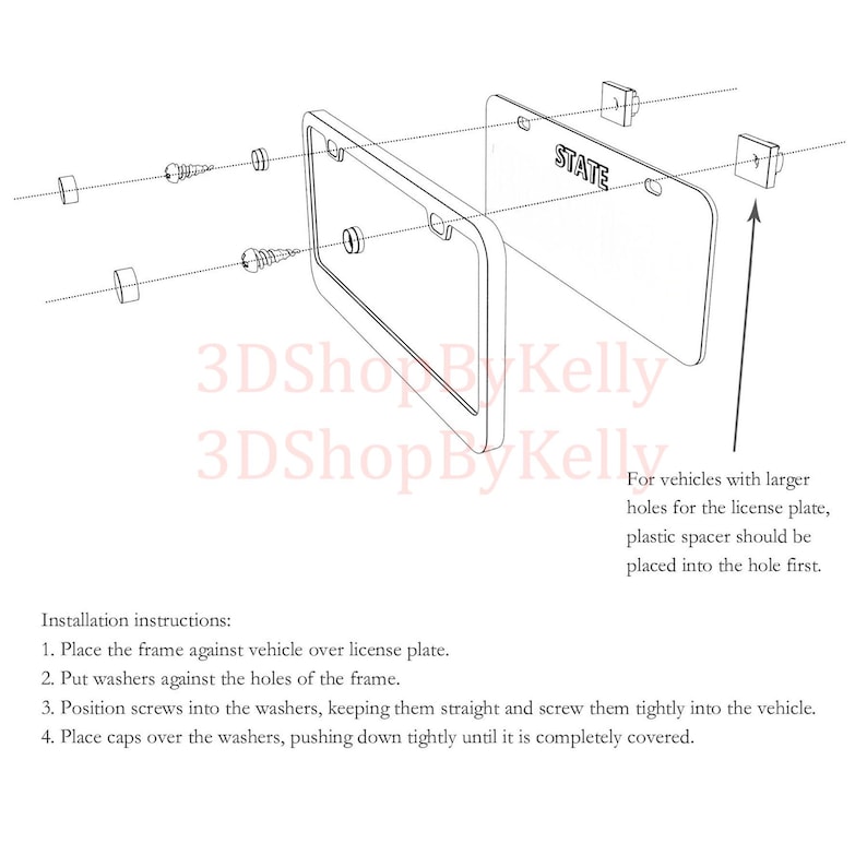May include: A technical diagram showing the installation of a license plate frame. The image displays a frame, a license plate labeled STATE, screws, washers, and caps. Text instructions detail the four-step assembly process for vehicle mounting.