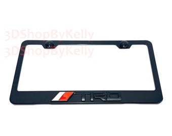 Black //TRD License Plate Frame: 3D Emblem, Black Powder Coated Steel Car Tag Holder