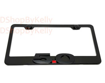 Black 5.0 License Plate Frame: 3D Emblem, Black Powder Coated Steel, Car Tag Holder