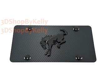 Black 3D Bucking Horse Emblem Badge: Carbon Fiber Style, Aluminum Front Vanity License Plate