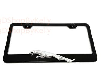 Chrome JaguarLeaper License Plate Frame: 3D Emblem, Black Powder Coated Steel, Car Tag Holder