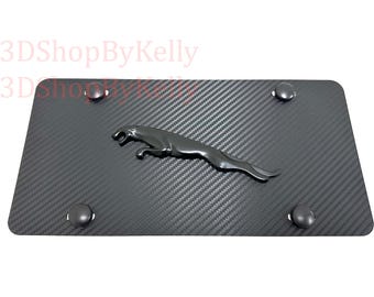 Black 3D JaguarLeaper Emblem: Carbon Fiber Style Aluminum Front Vanity License Plate