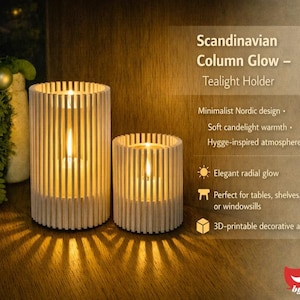 May include: Two cylindrical tealight holders made of light-colored wood, with vertical slats. The holders are lit from within, casting warm light and shadows. The text "Scandinavian Column Glow - Tealight Holder" is visible.