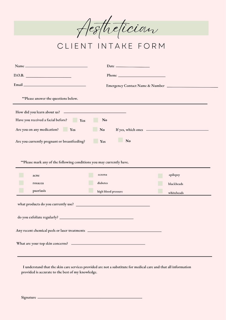 Skin Script Intake Form Aesthetician Client Intake Form PDF- Digital Spa Consent Sheet ...