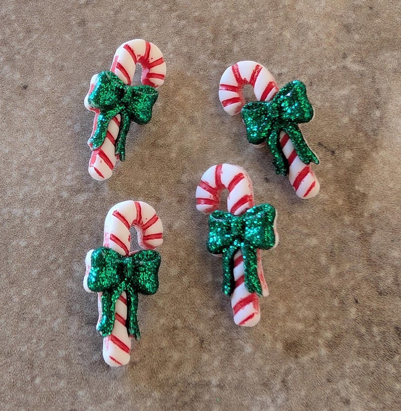 4 Glitter Bow Candy Cane Shank Buttons Size 7/16