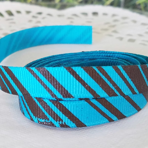 Turquoise and Dark Brown Stripe Grosgrain Ribbon 3 Yards