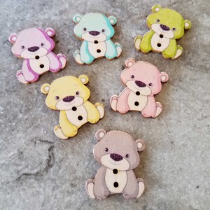 6 Painted Baby Bear Wooden Round Buttons Size 7/8&quot;