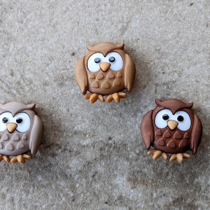 May include: Three brown owl-shaped buttons with white eyes and a brown beak. The owls are different shades of brown.