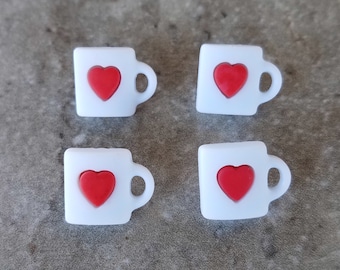 4 Mug with Heart Shank Buttons Size 5/8"