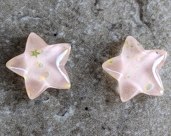 2 Pink Glassy Star Flat Back Buttons Size 3/4"