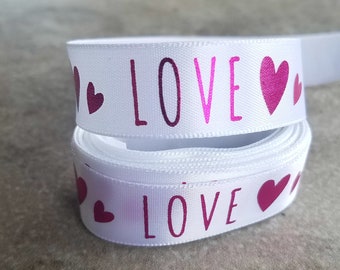 White with Hot Pink Love Hearts Ribbon 3 Yards