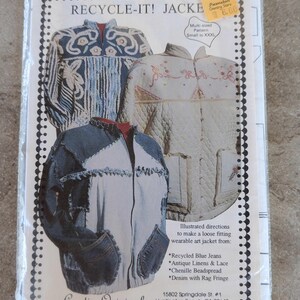 May include: A pattern for a "Recycle-It! Jacket" is shown in a clear plastic bag. The pattern features illustrations of three different jacket designs made from recycled materials, including denim and antique linens. The text on the pattern includes the name "Cardin Originals".