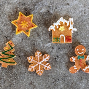 May include: Five gingerbread cookies in various shapes, including a star, a house, a snowflake, a Christmas tree, and a gingerbread man. The cookies are decorated with icing and sprinkles.