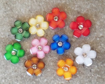 6 Sparkle Gem Center Flower Medium Flat Back Buttons Size 1/2" You choose the color