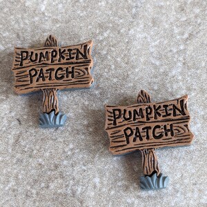 May include: Two miniature wooden signs with the words "PUMPKIN PATCH" carved into them. The signs are brown with black lettering and a blue base, resembling a weathered look. The signs are perfect for fall decor.