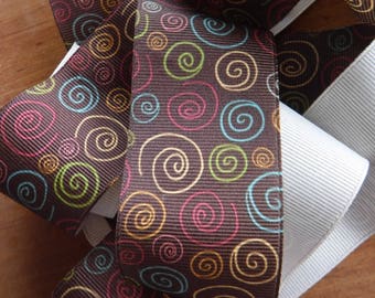 Brown with Colored Swirls Grosgrain Ribbon 2 Yards
