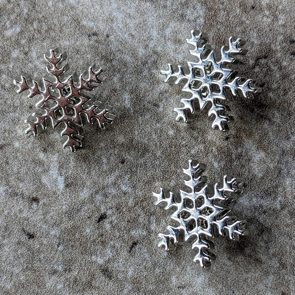 3 Silver Snowflake Shank Buttons Size 11/16"