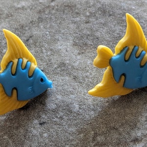 2 Feathered Fish Blue & Yellow Shank Buttons Size 11/16&quot; Crafting Sewing