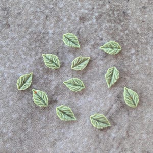 May include: Eleven small, light green leaf-shaped embellishments arranged in a scattered pattern. Each piece features a detailed, embossed vein texture on the surface, mimicking the appearance of natural foliage with pointed tips and serrated edges.