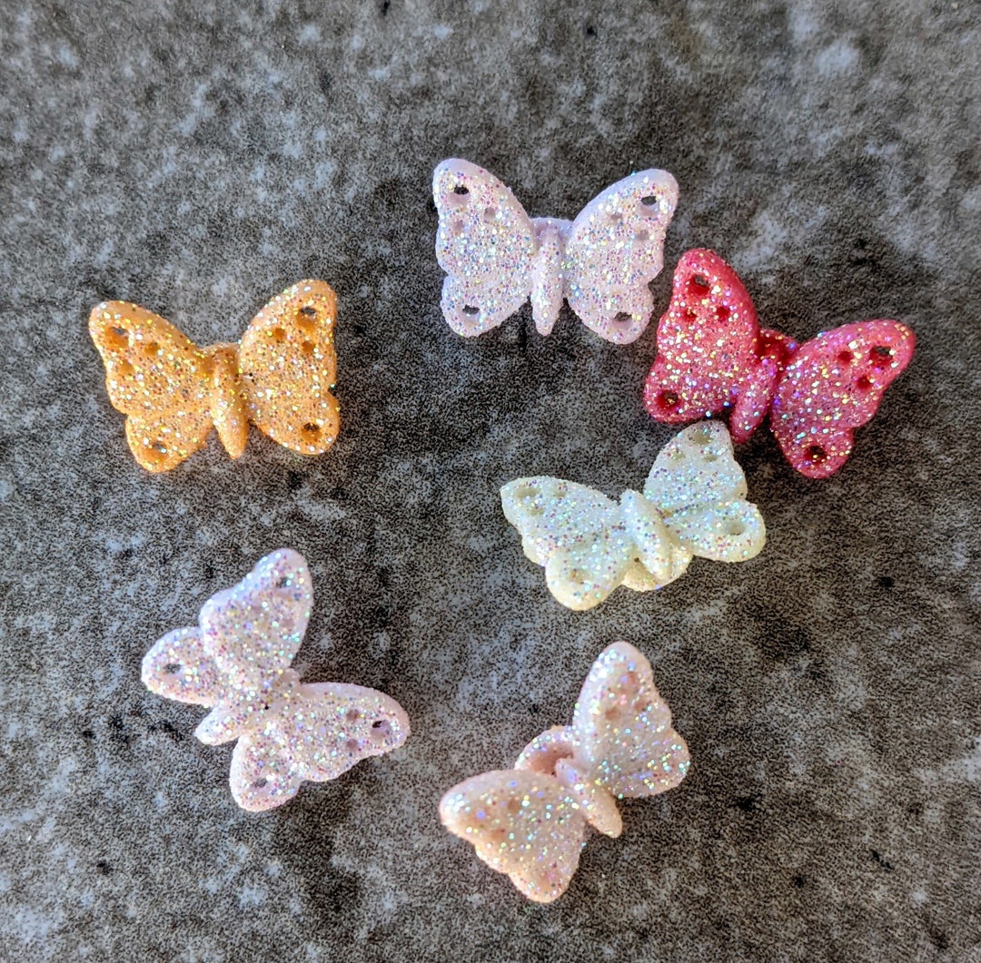 6 Glitter Butterfly Shank Buttons Size 9/16