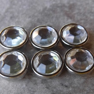 6 Silver Clear Center Gem Round Shank Buttons Size 3/8&quot;.