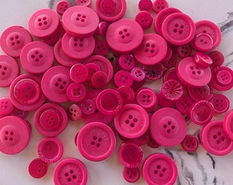 Hot Pink Buttons, 100 Bulk Assorted Round Multi Size Crafting Sewing Buttons