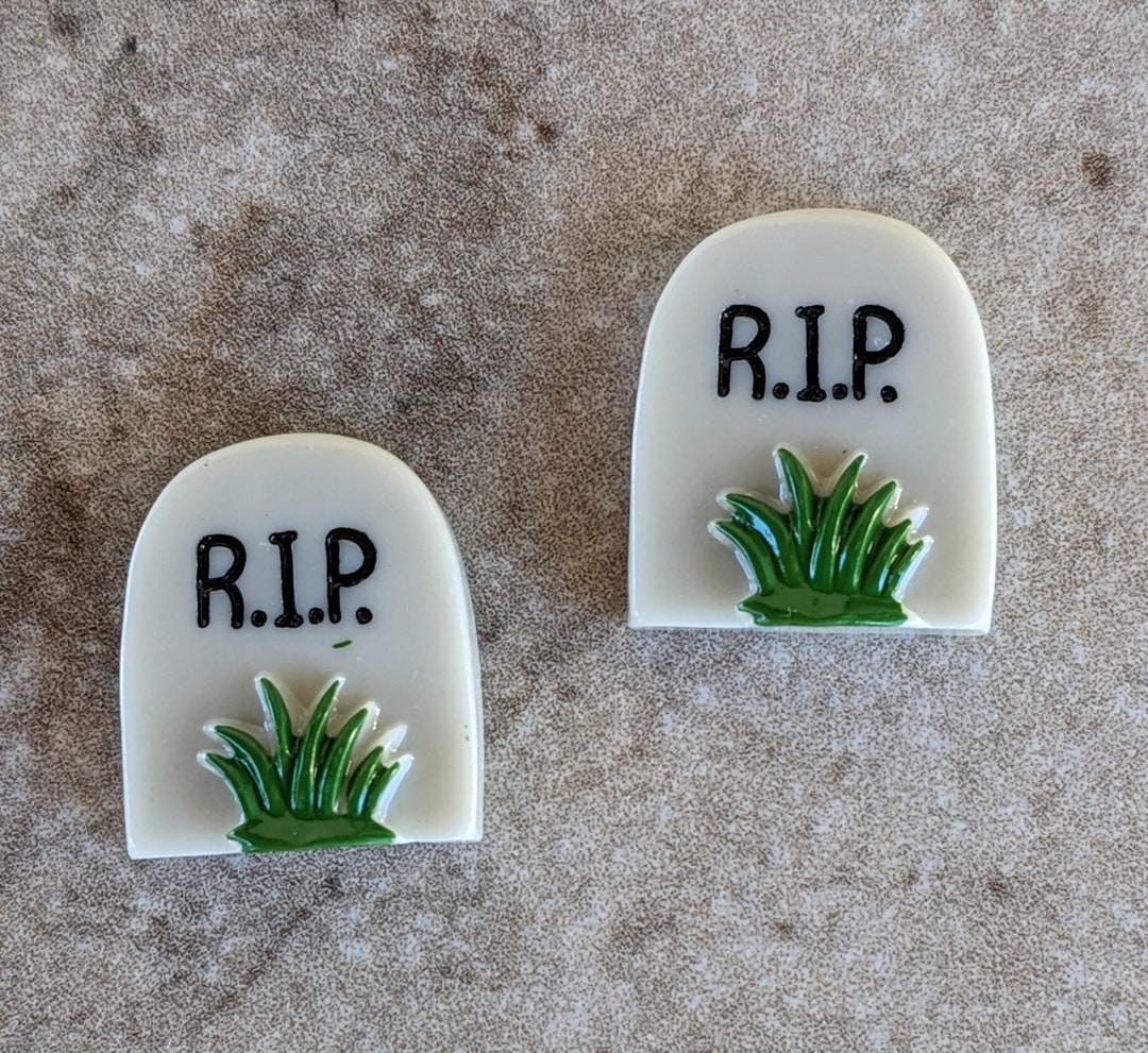 2 Shiny RIP Headstone Flat Back Embellishment Buttons Size 3/4