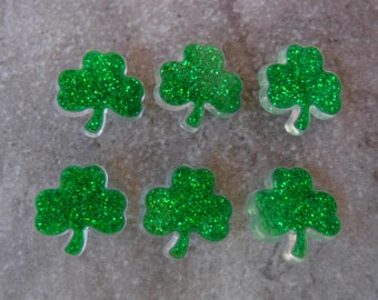 6 Shiny Glitter Shamrock Shank Buttons Size 13/16"