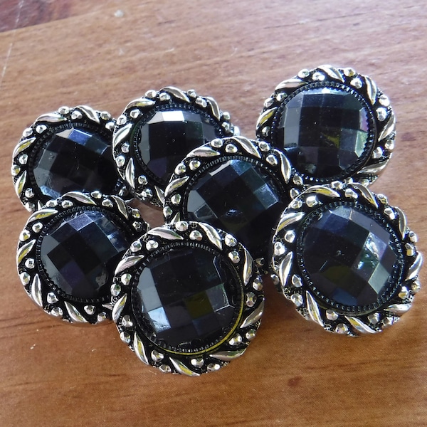 10 Silver with Black Checkered Large Round Shanked Buttons Size 3/4".