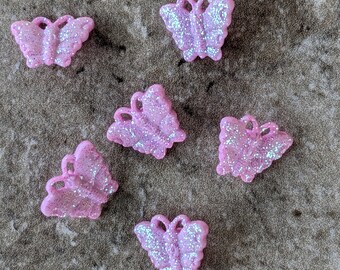 6 Pretty Pink Glitter Butterfly Shank Buttons Size 5/8"
