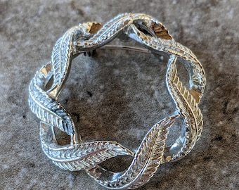 Vintage Silver Feather Ring Brooch Pin Costume Jewelry