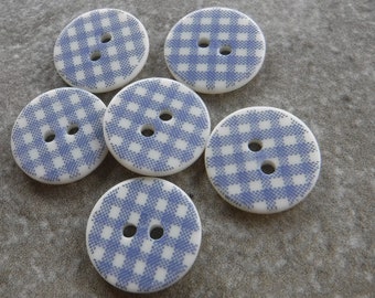 6 Blue and White Checkered Round Buttons Size 11/16"
