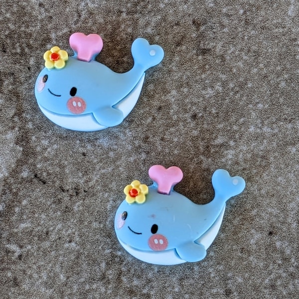 2 Blue Whale with Flower Flat Back Buttons Size 1 1/8"