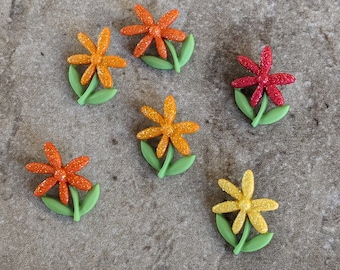6 Blooming Glitter Flower Buttons Size 3/4"