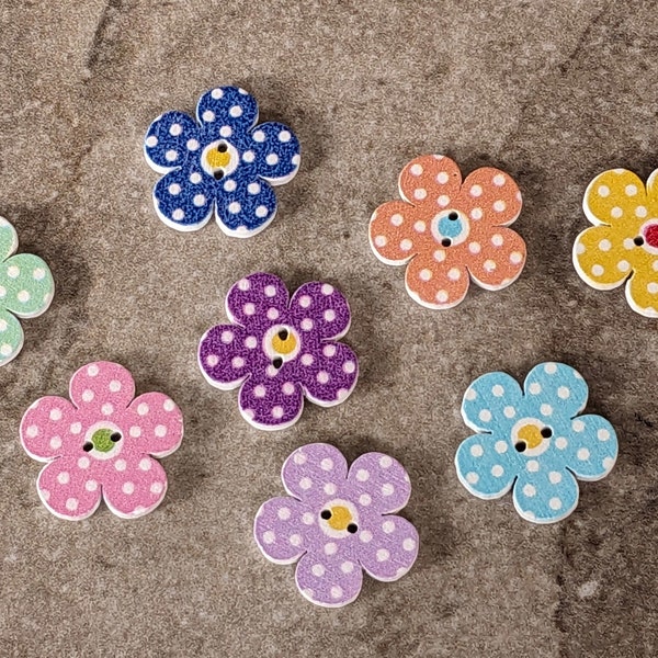 8 Painted Wood Polka Dot Daisy Flower Buttons Size 3/4"