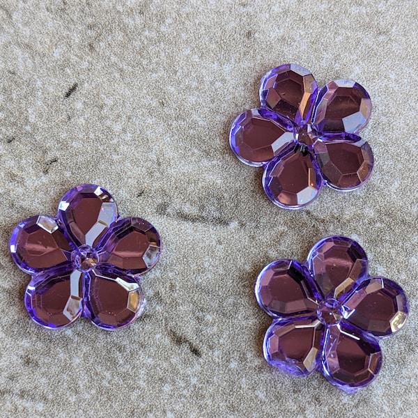 3 Purple Flower Acrylic Rhinestone Gem Flat Back Size 13/16"