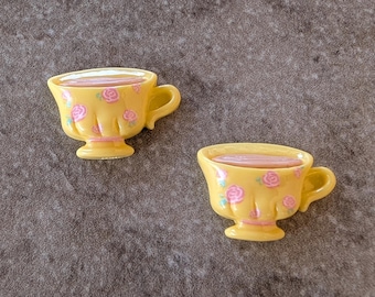 2 Teacup with Flowers Flat Back Embellishment Buttons Size 15/16"