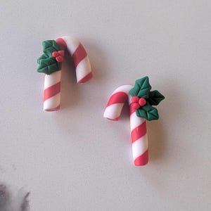 2 Candy Cane with Holly Flat Back Embellishments Size 1 1/4"