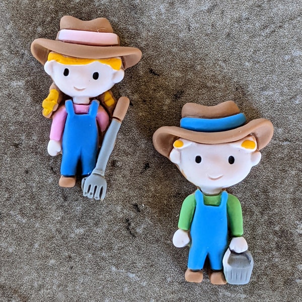 2 Farmer Flat Back Embellishment Buttons