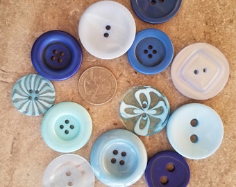 12 Blue Large Buttons Assorted Round Crafting Sewing Buttons