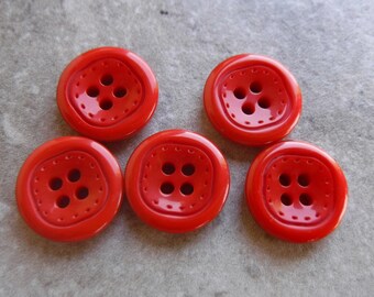 5 Red Inside Stitch Square Medium Round Buttons Size 11/16"