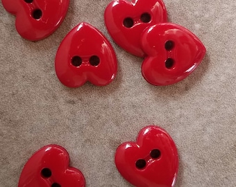 6 Deep Red Glossy Stitch Heart Buttons Size 7/16"