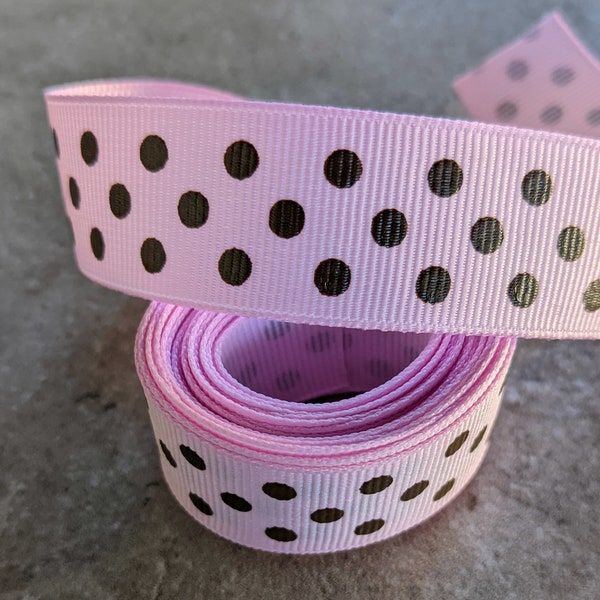 Pink with Brown Polka Dots Grosgrain Ribbon 2 yds