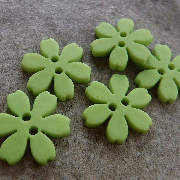 6 Light Green Primrose Large Flower Buttons Size 13/16"