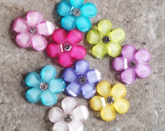 6 Sparkle Gem Center Flower Large Flat Back Buttons Size 5/8" You choose the color