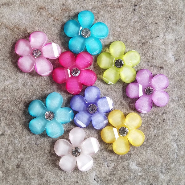 6 Sparkle Gem Center Flower Large Flat Back Buttons Size 5/8" You choose the color