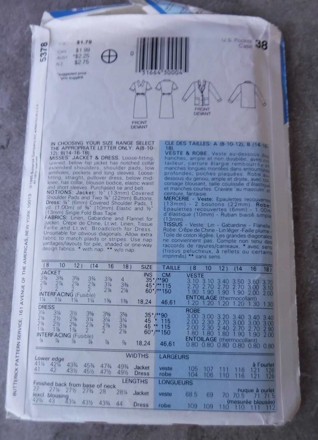 Butterick See and Sew Pattern Misses Jacket and Dress 5378 Complete ...