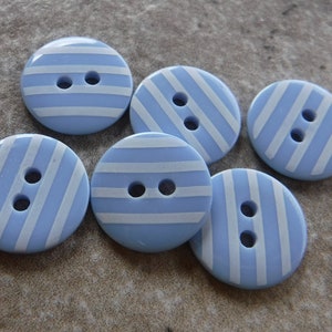 6 Light Blue and White Striped Small Round Buttons Size 9/16&quot;