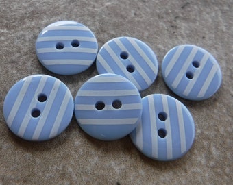 6 Light Blue and White Striped Small Round Buttons Size 9/16"