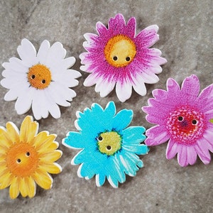 3 Painted Wood Flower Buttons Size 1 3/8&quot;